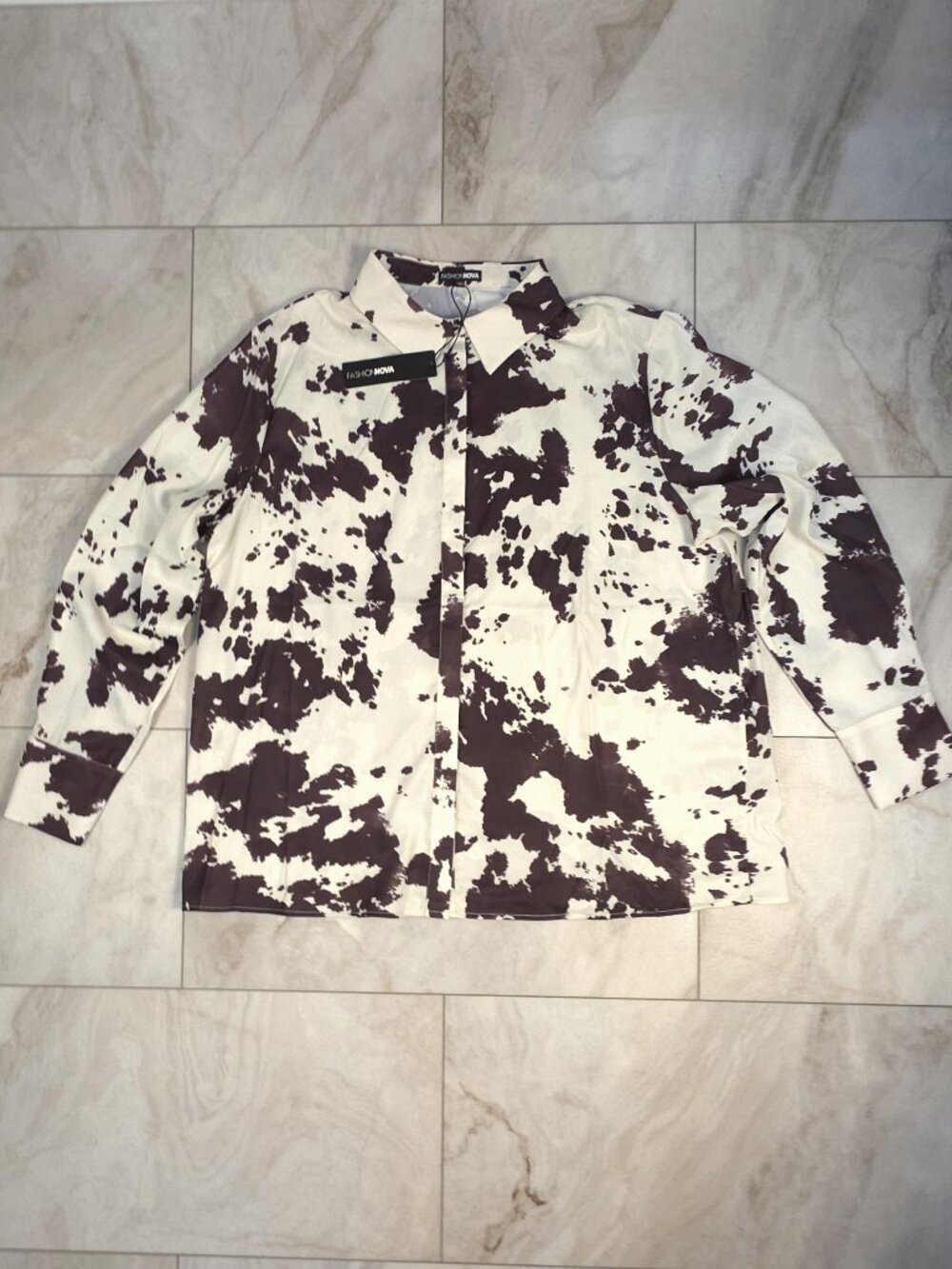 Fashion Nova Cow Print Button Front Blouse NWT 2X Brown Cream Oversized